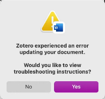 Zotero Word Plugin Error message